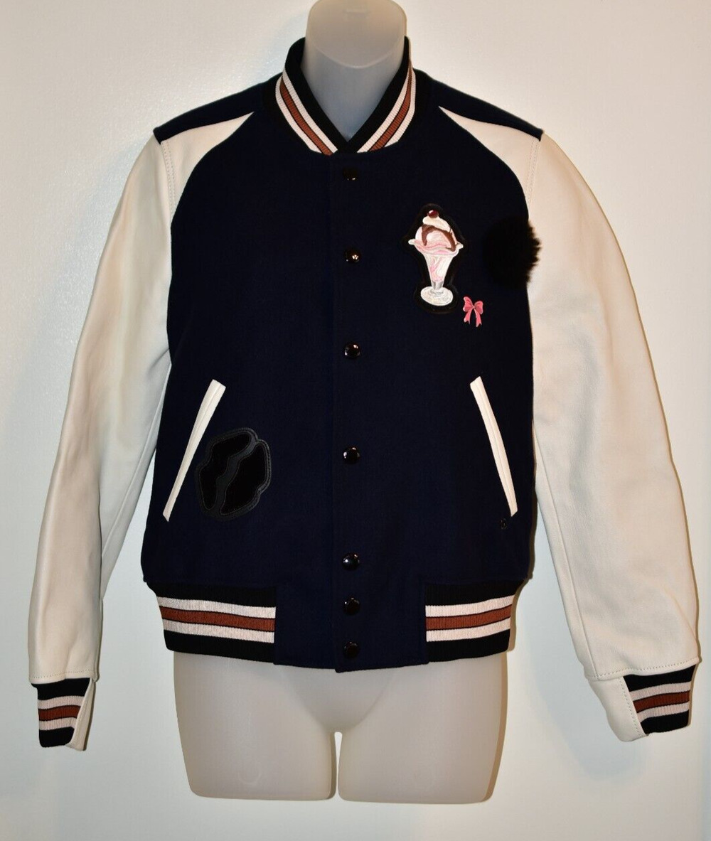 COACH 4 Riverdale Varsity Jacket White Leather Navy Bomber Ice Cream Patch Rare